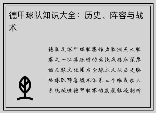德甲球队知识大全：历史、阵容与战术